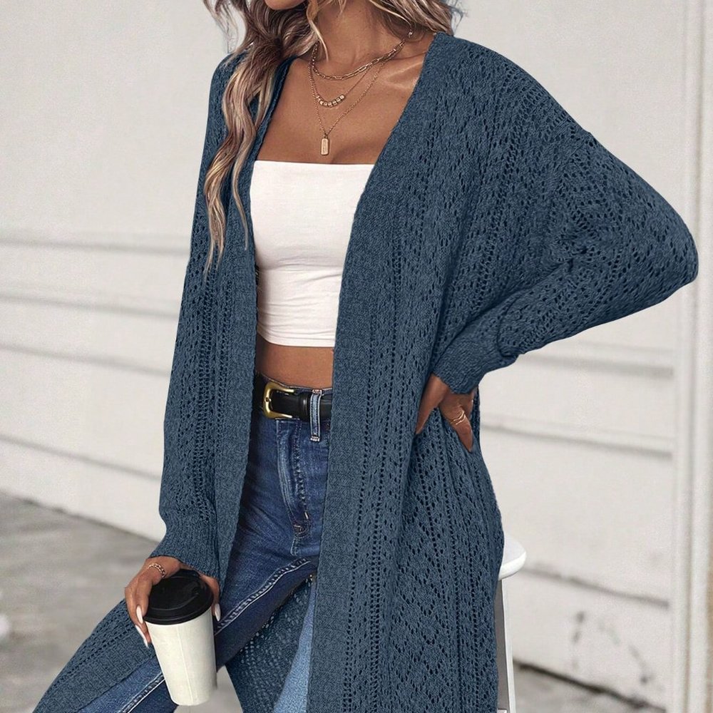 Dusty Blue Drop Shoulder Cardigan | Slouchy Knit Open Front | Boho Chic Layer